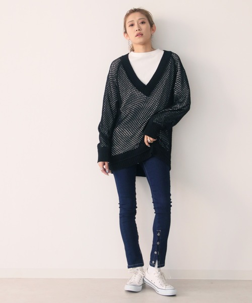 Avvenente（アベネンテ）の「【Avvenente】深Vメッシュニットプルオーバー（ニット/セーター・レディース・オフホワイト/ブラック・M）」の14枚目の写真