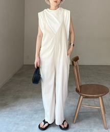 リネンコットン深Vネックオールインワンサロペット
