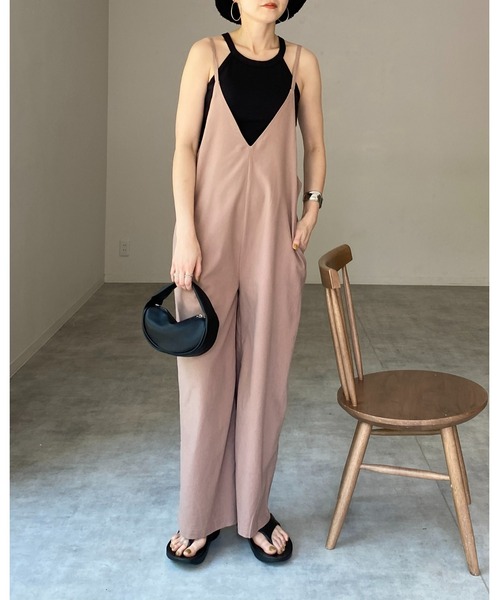 レディース　オールインワン　サロペット　Ｖネック　ベージュ Vネックサロペット【自宅で試着、返品送料無料】(S ベージュ