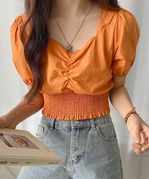 SONA（ソナ）の「SONYUNARA バンディングショートブラウス（シャツ/ブラウス・レディース・オレンジ/アイボリー・FREE）」の3枚目の写真
