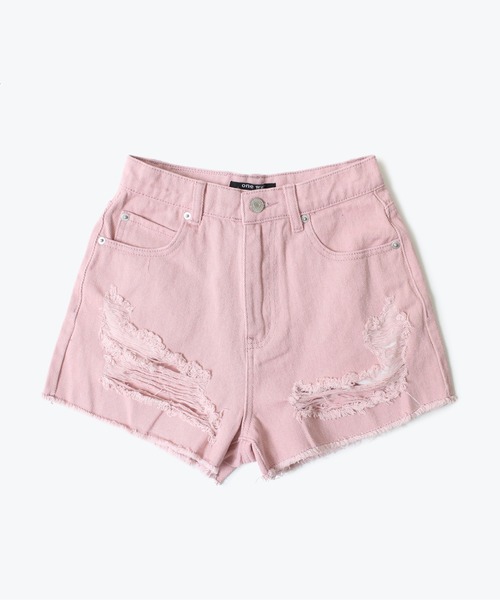one way(ワンウェイ)の「【oneway Jeans】ダメージハイウエストショーパン(デニムパンツ・レディース・ライトブルー/ブラック/ライトピンク・S/M)」の1枚目の写真