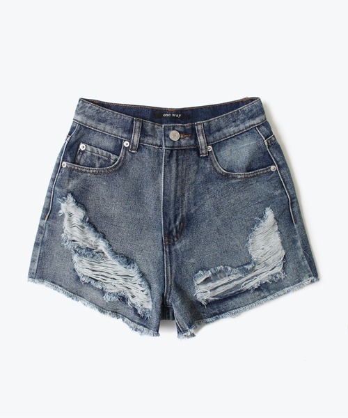 one way(ワンウェイ)の「【oneway Jeans】ダメージハイウエストショーパン(デニムパンツ・レディース・ライトブルー/ブラック/ライトピンク・S/M)」の3枚目の写真