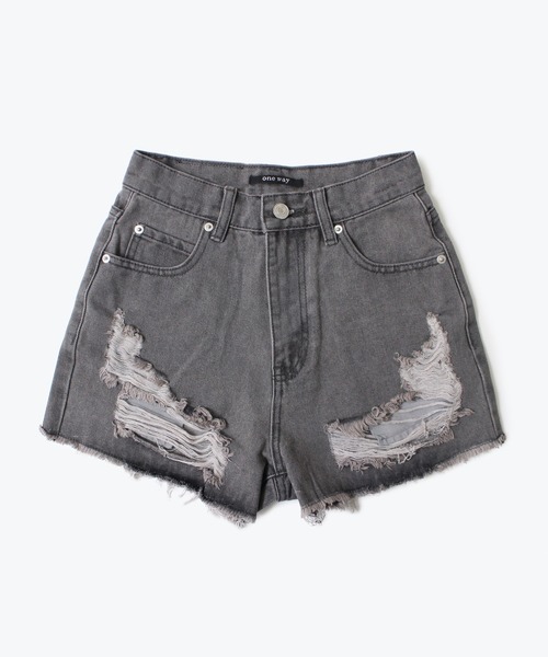one way(ワンウェイ)の「【oneway Jeans】ダメージハイウエストショーパン(デニムパンツ・レディース・ライトブルー/ブラック/ライトピンク・S/M)」の2枚目の写真