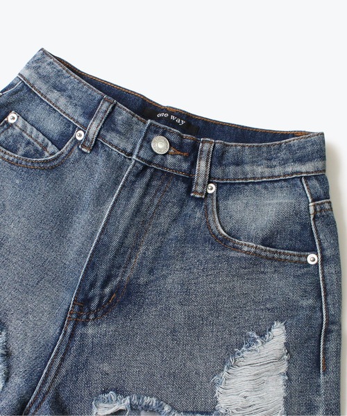 one way(ワンウェイ)の「【oneway Jeans】ダメージハイウエストショーパン(デニムパンツ・レディース・ライトブルー/ブラック/ライトピンク・S/M)」の4枚目の写真