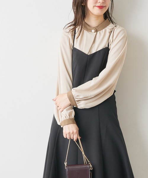 natural couture（ナチュラルクチュール）の「【大好評リバイバルアイテム】プチプラパールポイントバイカラーブラウス（シャツ/ブラウス・レディース・モカ/ブルー/アイボリー/ピンク/オフホワイト・FREE）」の9枚目の写真