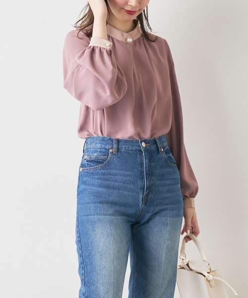 natural couture（ナチュラルクチュール）の「【大好評リバイバルアイテム】プチプラパールポイントバイカラーブラウス（シャツ/ブラウス・レディース・モカ/ブルー/アイボリー/ピンク/オフホワイト・FREE）」の14枚目の写真