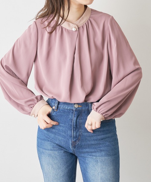 natural couture（ナチュラルクチュール）の「【大好評リバイバルアイテム】プチプラパールポイントバイカラーブラウス（シャツ/ブラウス・レディース・モカ/ブルー/アイボリー/ピンク/オフホワイト・FREE）」の12枚目の写真