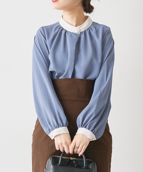 natural couture（ナチュラルクチュール）の「【大好評リバイバルアイテム】プチプラパールポイントバイカラーブラウス（シャツ/ブラウス・レディース・モカ/ブルー/アイボリー/ピンク/オフホワイト・FREE）」の17枚目の写真