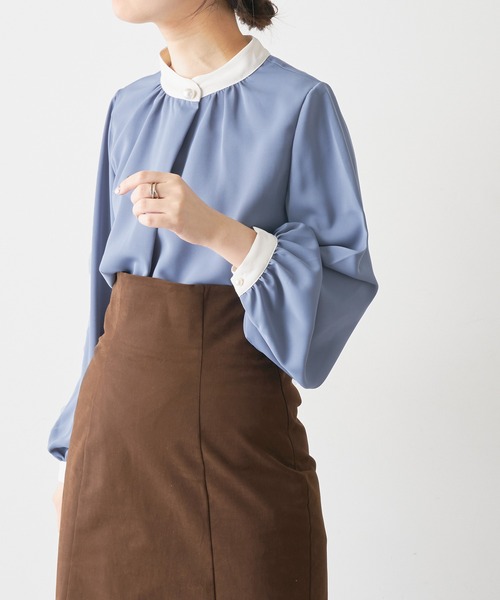 natural couture（ナチュラルクチュール）の「【大好評リバイバルアイテム】プチプラパールポイントバイカラーブラウス（シャツ/ブラウス・レディース・モカ/ブルー/アイボリー/ピンク/オフホワイト・FREE）」の16枚目の写真