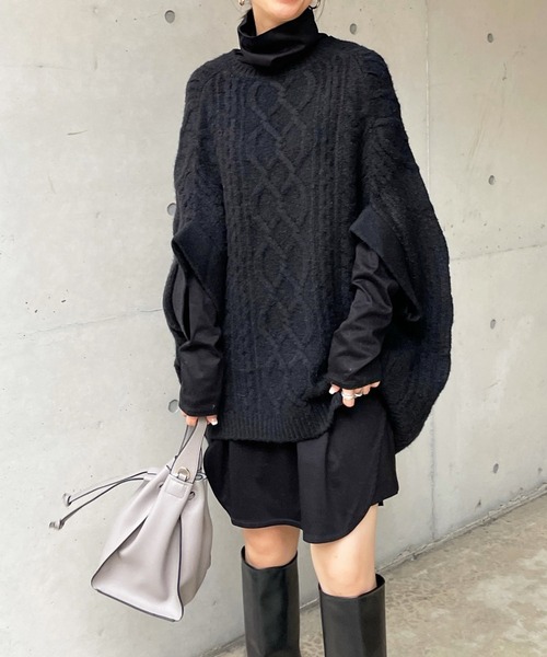 DouDou（ドゥドゥ）の「タートルロングチュニック（Tシャツ/カットソー・レディース・ブラック/オフホワイト/ライトベージュ・FREE）」の2枚目の写真