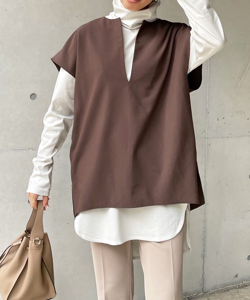 DouDou（ドゥドゥ）の「タートルロングチュニック（Tシャツ/カットソー・レディース・ブラック/オフホワイト/ライトベージュ・FREE）」の22枚目の写真