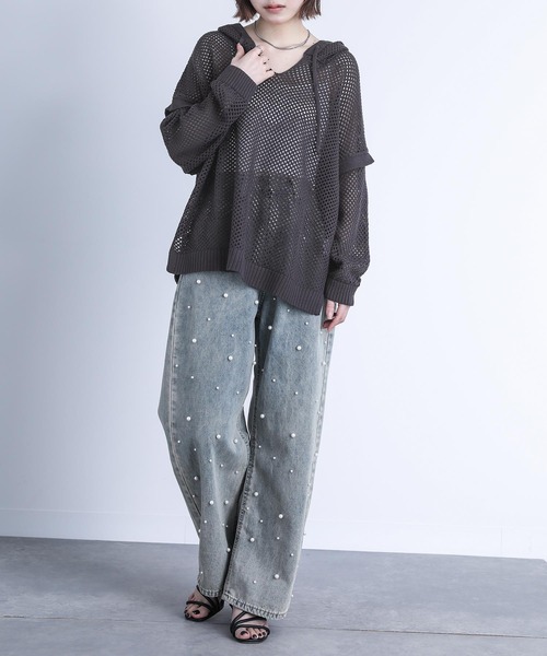 BEIGE メッシュパーカー メッシュ パーカー トップス 無地 ジップアップ カジュアル