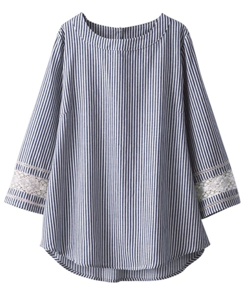BELLUNA PLUS（ベルーナ）の「綿麻素材袖レース切替ブラウス（シャツ/ブラウス・レディース・ネイビー/ホワイト系その他/ストライプ・MEDIUM/LARGE/X-LARGE）」の3枚目の写真