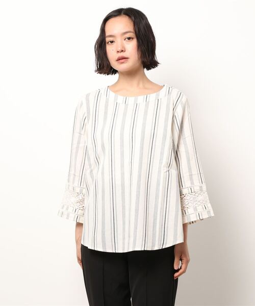BELLUNA PLUS（ベルーナ）の「綿麻素材袖レース切替ブラウス（シャツ/ブラウス・レディース・ネイビー/ホワイト系その他/ストライプ・MEDIUM/LARGE/X-LARGE）」の11枚目の写真