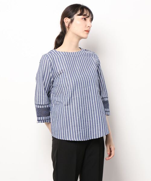 BELLUNA PLUS（ベルーナ）の「綿麻素材袖レース切替ブラウス（シャツ/ブラウス・レディース・ネイビー/ホワイト系その他/ストライプ・MEDIUM/LARGE/X-LARGE）」の13枚目の写真