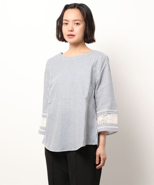 BELLUNA PLUS（ベルーナ）の「綿麻素材袖レース切替ブラウス（シャツ/ブラウス・レディース・ネイビー/ホワイト系その他/ストライプ・MEDIUM/LARGE/X-LARGE）」の9枚目の写真