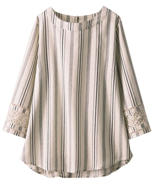 BELLUNA PLUS（ベルーナ）の「綿麻素材袖レース切替ブラウス（シャツ/ブラウス・レディース・ネイビー/ホワイト系その他/ストライプ・MEDIUM/LARGE/X-LARGE）」の5枚目の写真