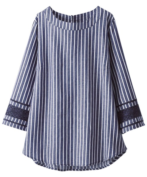BELLUNA PLUS（ベルーナ）の「綿麻素材袖レース切替ブラウス（シャツ/ブラウス・レディース・ネイビー/ホワイト系その他/ストライプ・MEDIUM/LARGE/X-LARGE）」の7枚目の写真