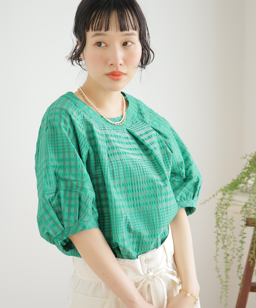 B.C STOCK(ベーセーストック)の「シアーチェックブラウス(シャツ/ブラウス・レディース・ベージュ/グリーン系その他/グリーン/パープル・FREE)」の3枚目の写真