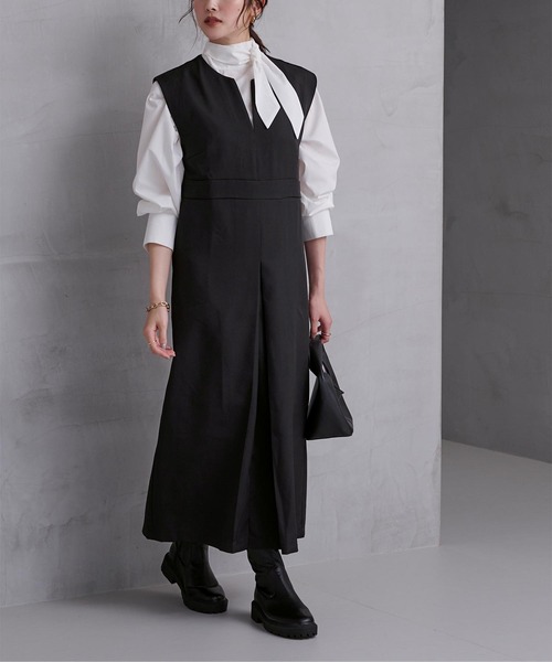 UR'S（ユアーズ）の「キーネックフロントタックジャンパースカート（ワンピース・レディース・ライトベージュ/チャコール/ブラック/ライトグレー・L/S/M）」の15枚目の写真