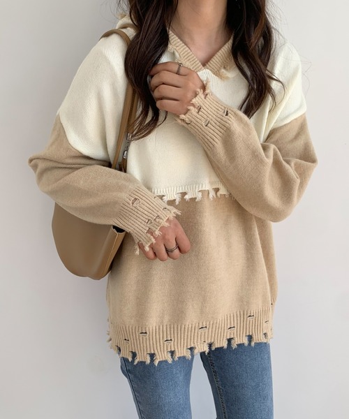 ECLIN(エクラン)の「ダメージ加工フーディニットプルオーバー(ニット/セーター・レディース・ベージュ/ブルー・M/L)」の8枚目の写真