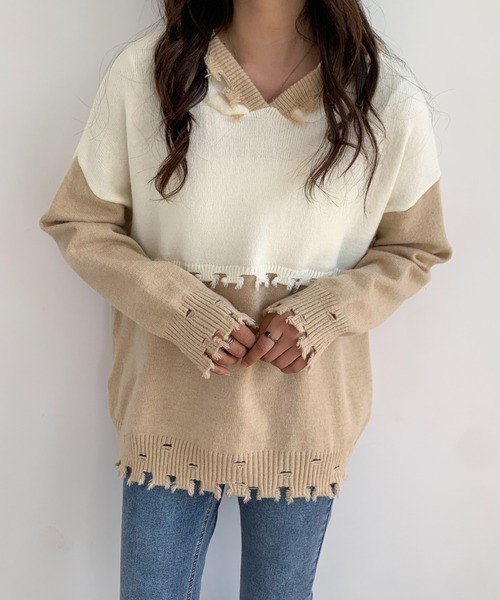 ECLIN(エクラン)の「ダメージ加工フーディニットプルオーバー(ニット/セーター・レディース・ベージュ/ブルー・M/L)」の10枚目の写真