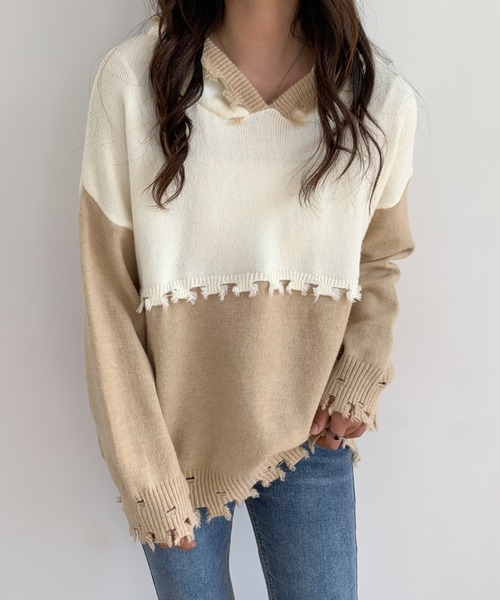 ECLIN(エクラン)の「ダメージ加工フーディニットプルオーバー(ニット/セーター・レディース・ベージュ/ブルー・M/L)」の14枚目の写真