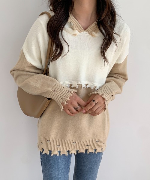ECLIN(エクラン)の「ダメージ加工フーディニットプルオーバー(ニット/セーター・レディース・ベージュ/ブルー・M/L)」の15枚目の写真