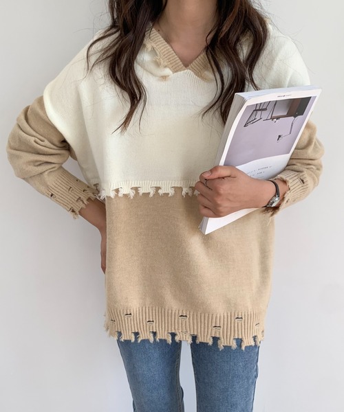 ECLIN(エクラン)の「ダメージ加工フーディニットプルオーバー(ニット/セーター・レディース・ベージュ/ブルー・M/L)」の16枚目の写真