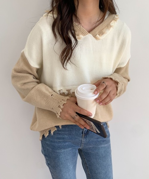 ECLIN(エクラン)の「ダメージ加工フーディニットプルオーバー(ニット/セーター・レディース・ベージュ/ブルー・M/L)」の17枚目の写真