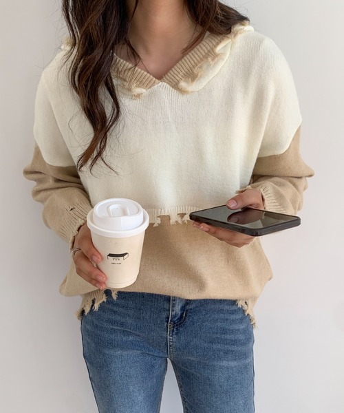 ECLIN(エクラン)の「ダメージ加工フーディニットプルオーバー(ニット/セーター・レディース・ベージュ/ブルー・M/L)」の18枚目の写真