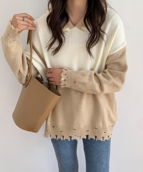 ECLIN(エクラン)の「ダメージ加工フーディニットプルオーバー(ニット/セーター・レディース・ベージュ/ブルー・M/L)」の20枚目の写真