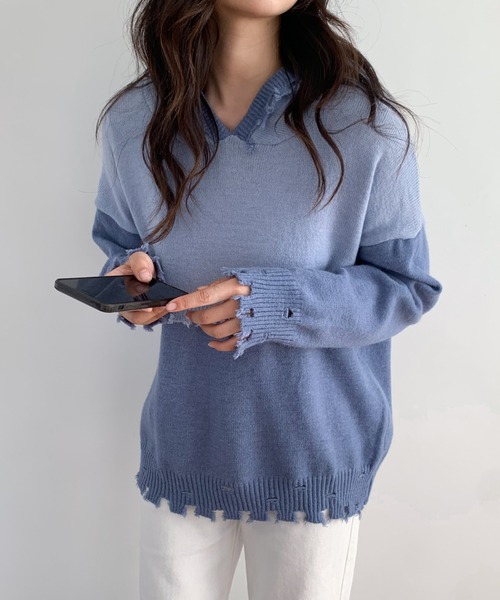 ECLIN(エクラン)の「ダメージ加工フーディニットプルオーバー(ニット/セーター・レディース・ベージュ/ブルー・M/L)」の21枚目の写真