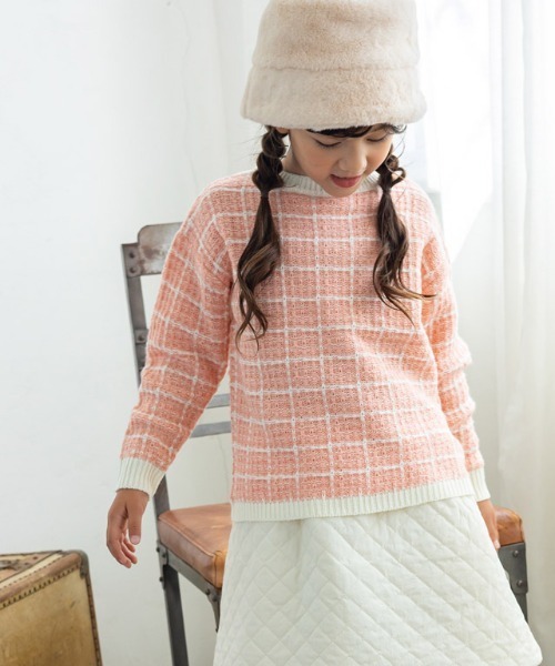 lulpini（ルルピー二）の「[lulpini]チェックニットプルオーバー（ニット/セーター・キッズ・ブルー系その他/ピンク系その他/ホワイト×ネイビー・S/M/L）」の3枚目の写真