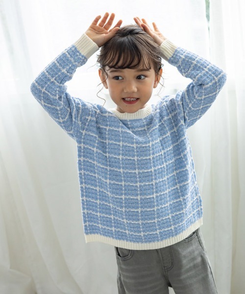 lulpini（ルルピー二）の「[lulpini]チェックニットプルオーバー（ニット/セーター・キッズ・ブルー系その他/ピンク系その他/ホワイト×ネイビー・S/M/L）」の7枚目の写真
