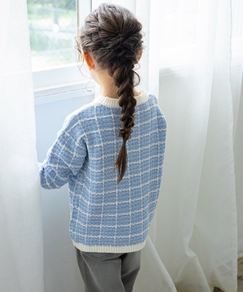 lulpini（ルルピー二）の「[lulpini]チェックニットプルオーバー（ニット/セーター・キッズ・ブルー系その他/ピンク系その他/ホワイト×ネイビー・S/M/L）」の9枚目の写真