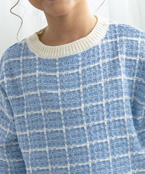 lulpini（ルルピー二）の「[lulpini]チェックニットプルオーバー（ニット/セーター・キッズ・ブルー系その他/ピンク系その他/ホワイト×ネイビー・S/M/L）」の15枚目の写真