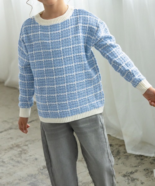 lulpini（ルルピー二）の「[lulpini]チェックニットプルオーバー（ニット/セーター・キッズ・ブルー系その他/ピンク系その他/ホワイト×ネイビー・S/M/L）」の17枚目の写真
