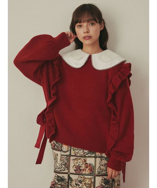 merry jenny（メリージェニー）の「サイドリボンニット（ニット/セーター・レディース・レッド/アイボリー・FREE）」の4枚目の写真