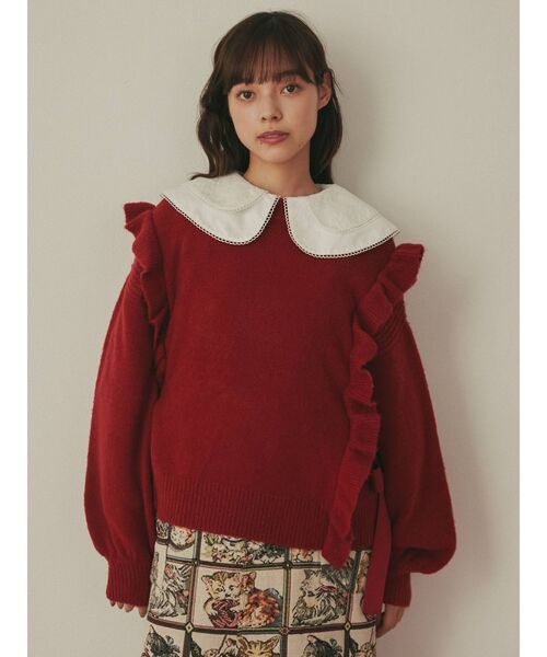 merry jenny（メリージェニー）の「サイドリボンニット（ニット/セーター・レディース・レッド/アイボリー・FREE）」の5枚目の写真