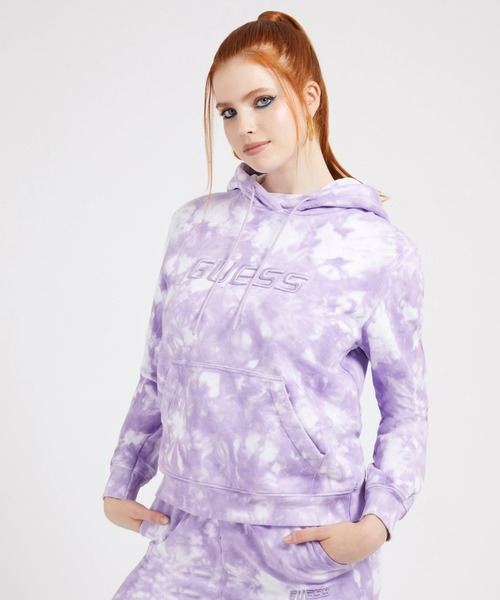 Guess(ゲス)の「Dora Hooded Sweatshirt(パーカー・レディース・グリーン/パープル・X-SMALL/SMALL/MEDIUM)」の1枚目の写真