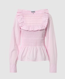 Cotton Poplin Open-neck Smock Blouse