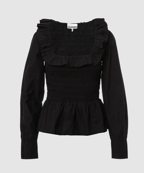 GANNI(ガニー)の「Cotton Poplin Open-neck Smock Blouse(シャツ/ブラウス・レディース・ピンク系その他/ブラック・38/36)」の2枚目の写真