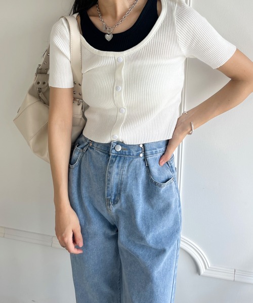 CLEA(クレア)の「レイヤードデザイン リブ半袖トップス(Tシャツ/カットソー・レディース・イエロー/ホワイト/アイボリー/ブラック・FREE)」の2枚目の写真