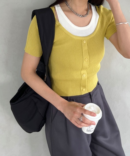 CLEA(クレア)の「レイヤードデザイン リブ半袖トップス(Tシャツ/カットソー・レディース・イエロー/ホワイト/アイボリー/ブラック・FREE)」の4枚目の写真