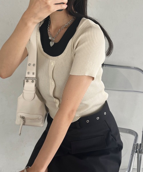 CLEA(クレア)の「レイヤードデザイン リブ半袖トップス(Tシャツ/カットソー・レディース・イエロー/ホワイト/アイボリー/ブラック・FREE)」の1枚目の写真