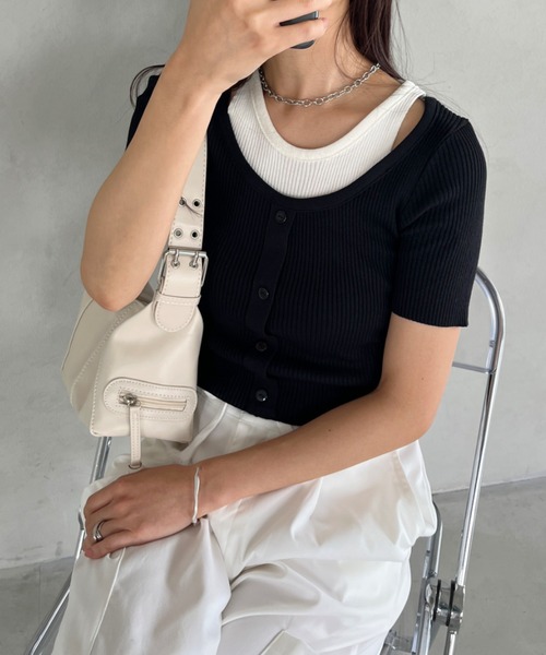 CLEA(クレア)の「レイヤードデザイン リブ半袖トップス(Tシャツ/カットソー・レディース・イエロー/ホワイト/アイボリー/ブラック・FREE)」の6枚目の写真
