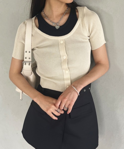 CLEA(クレア)の「レイヤードデザイン リブ半袖トップス(Tシャツ/カットソー・レディース・イエロー/ホワイト/アイボリー/ブラック・FREE)」の16枚目の写真