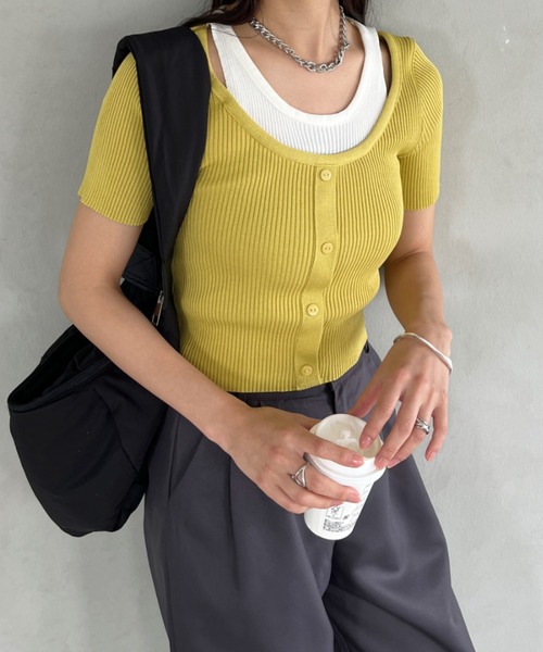 CLEA(クレア)の「レイヤードデザイン リブ半袖トップス(Tシャツ/カットソー・レディース・イエロー/ホワイト/アイボリー/ブラック・FREE)」の14枚目の写真