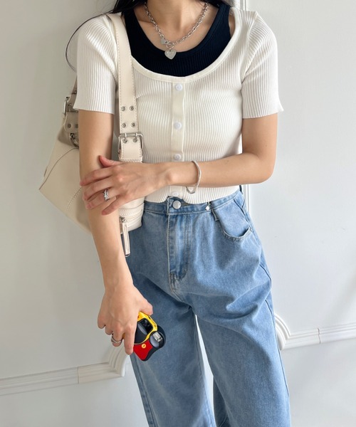 CLEA(クレア)の「レイヤードデザイン リブ半袖トップス(Tシャツ/カットソー・レディース・イエロー/ホワイト/アイボリー/ブラック・FREE)」の8枚目の写真